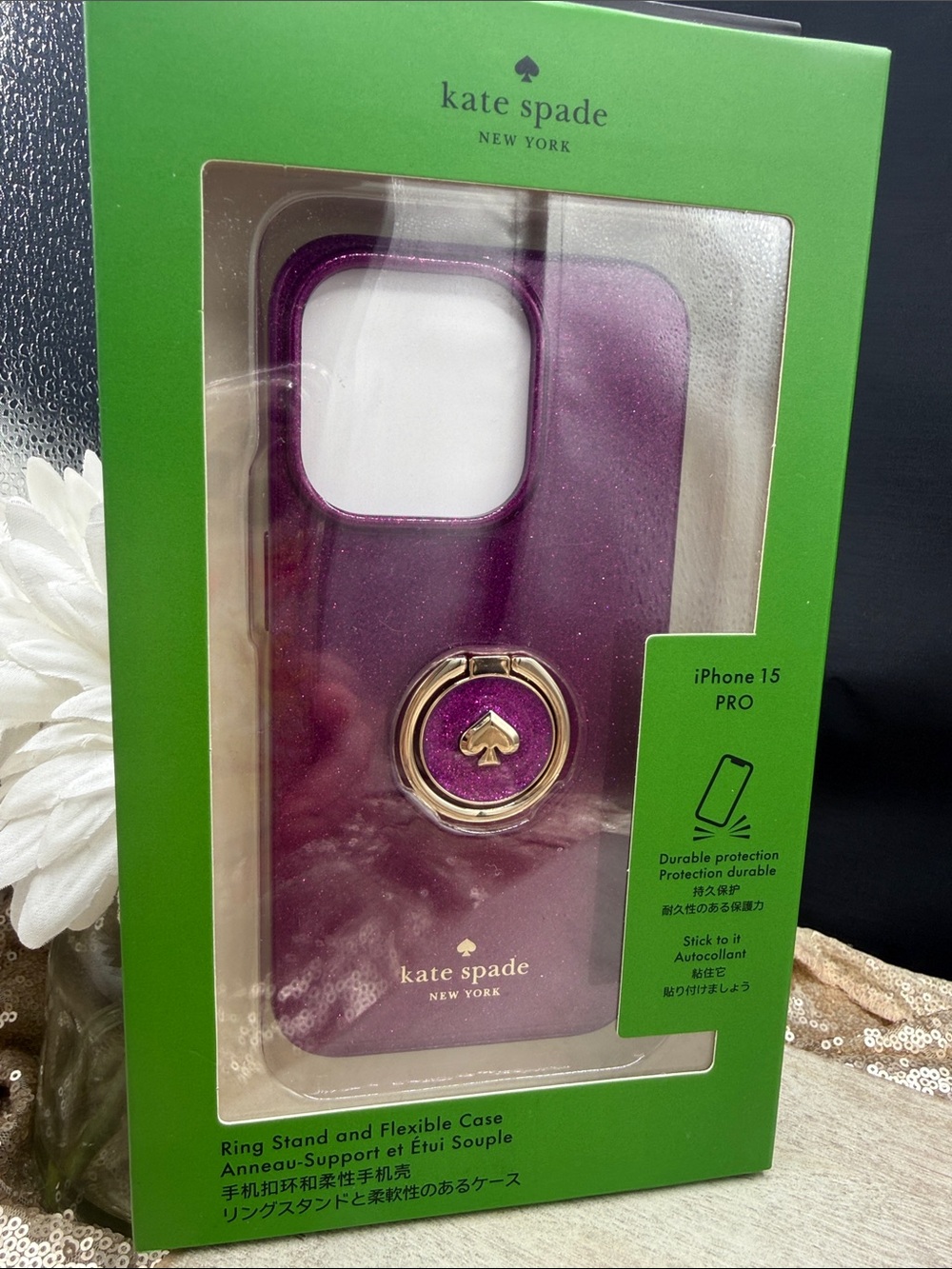 kate spade Purple Glitter Ring Stand iPhone 15 Pro  Case